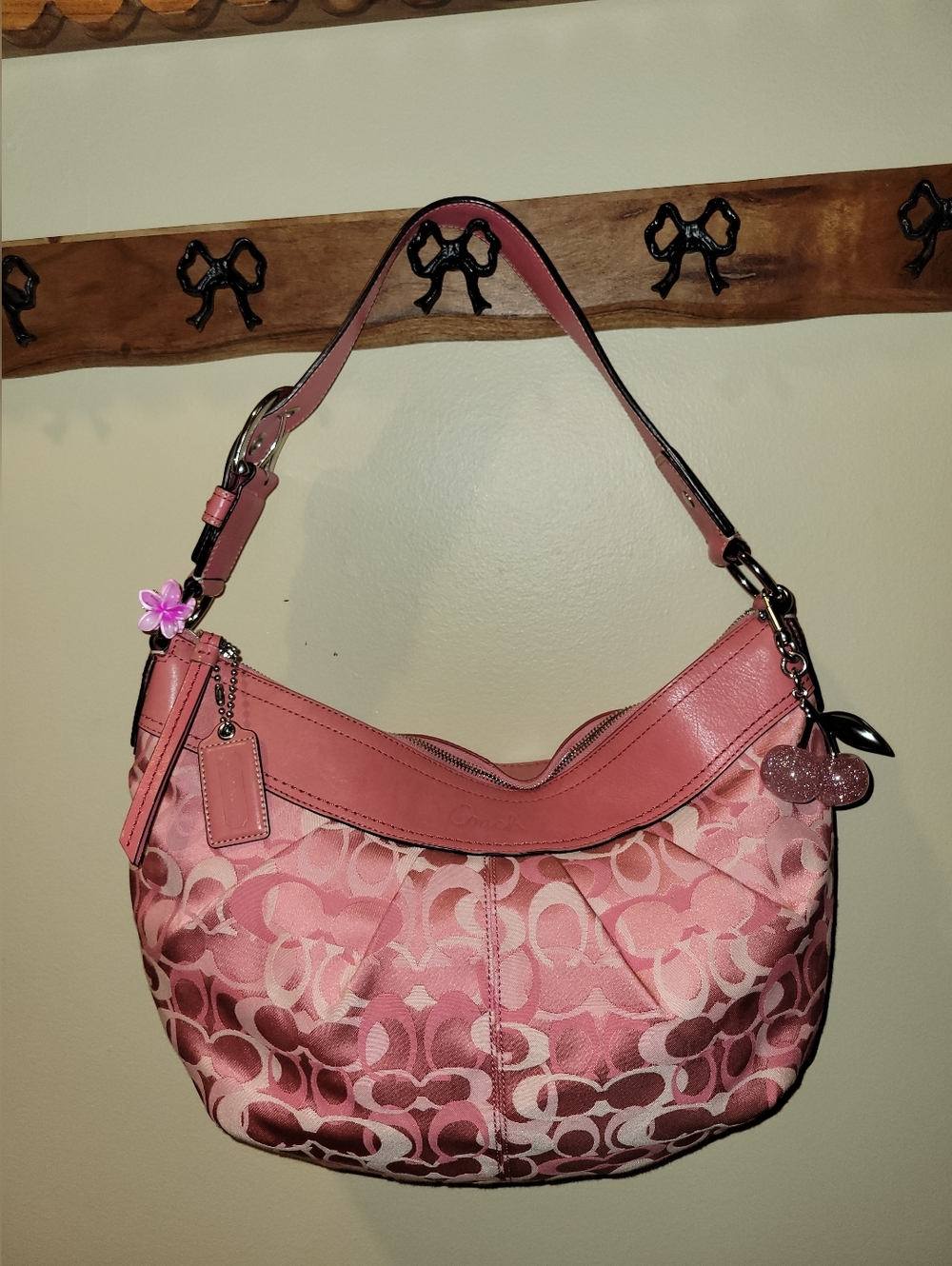 SOLD - Coach 2009 Pink Signature Striped Pleated Hobo Bag